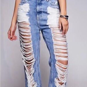 Good American “The Khloe”Distressed Blue and White High Rise Jeans